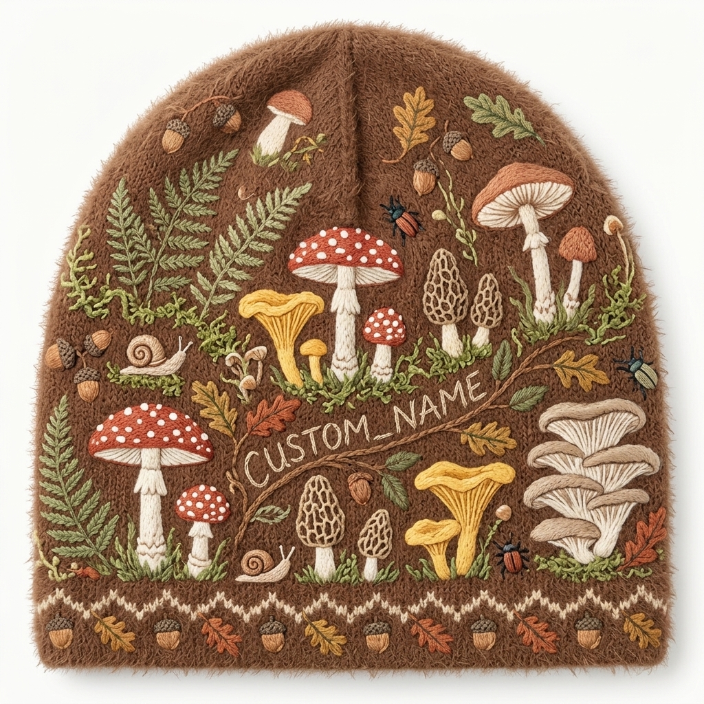 Personalized Forest Mushroom Printed Beanie | Custom Name Woodland Winter Knit Hat