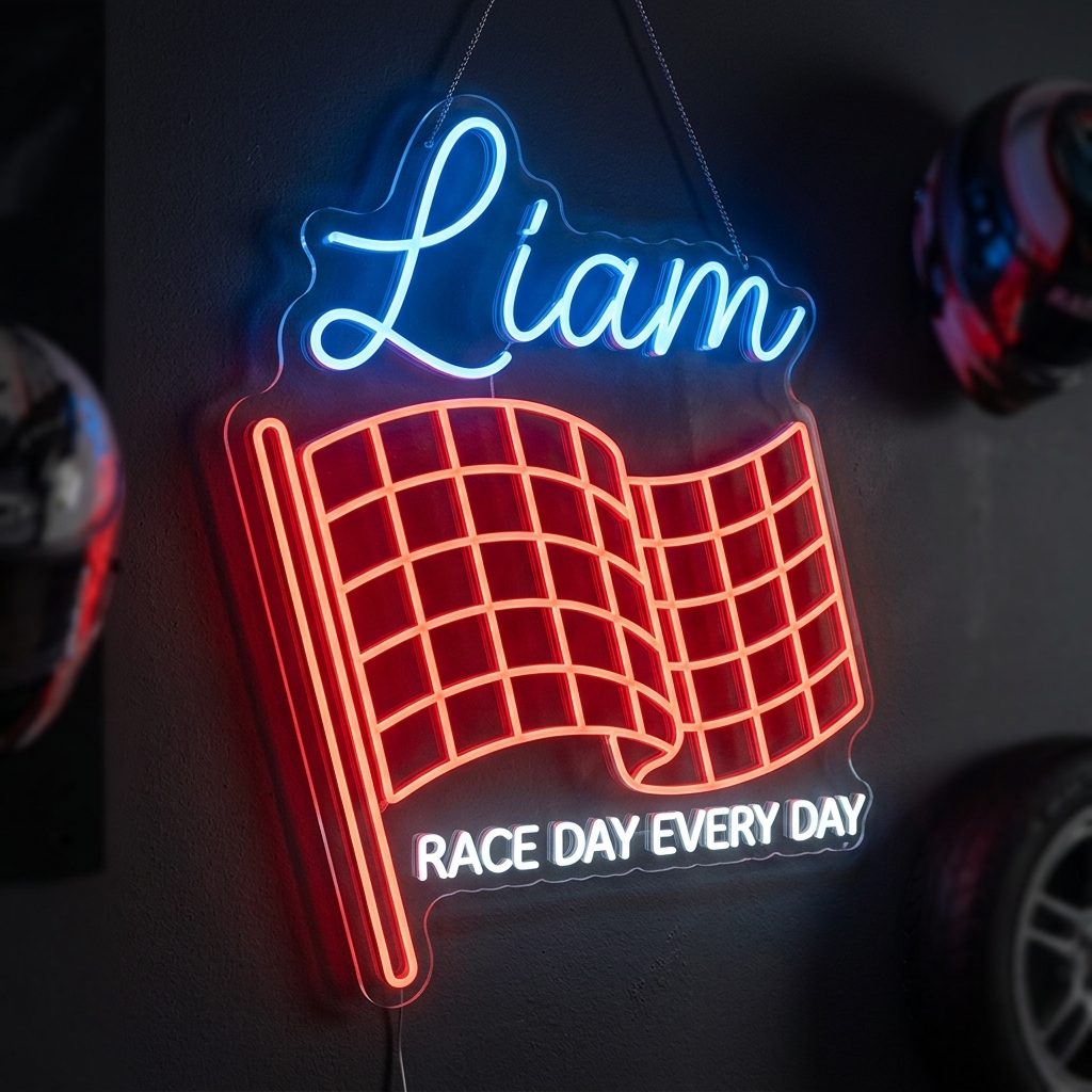 Personalized Checkered Racing Flag Personalized Name LED Neon Wall Sign For Garage Decor