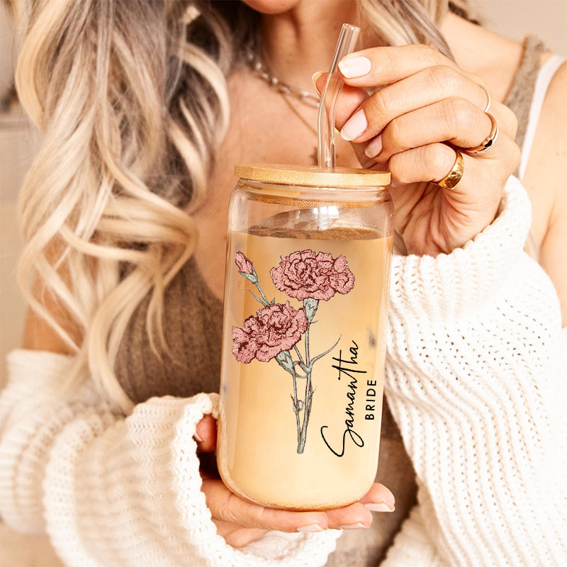 Personalized Bridesmaid Birth Flower Can Glasses with Lid and Straw Custom Bride Name Month Flower Coffee Cup Bachelorette Party Bridal Shower Gift