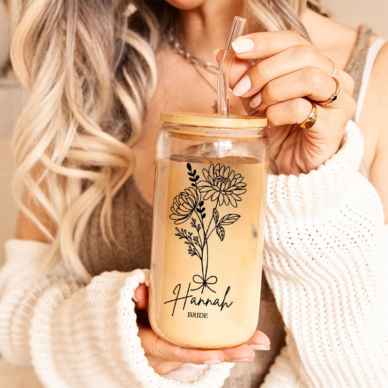 Personalized Bridesmaid Birth Flower Can Glasses with Lid and Straw Custom Bride Name Coffee Cup Bridal Shower Coffee Glasses Bachelorette Party Gift