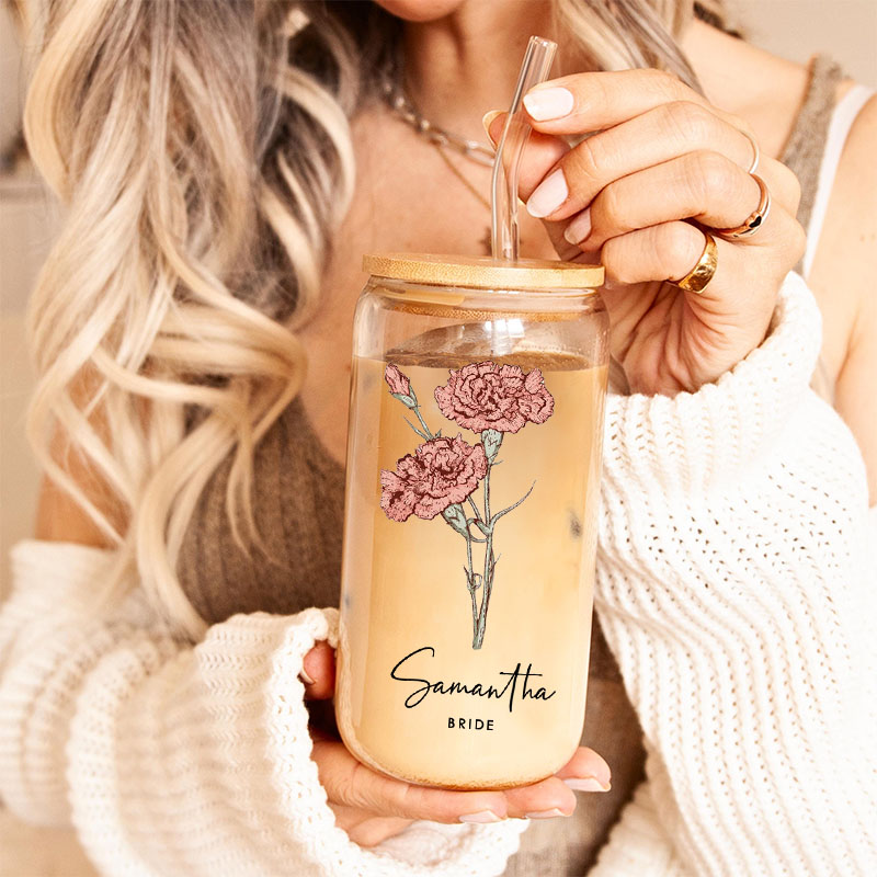 Personalized Elegant Bridesmaid Birth Flower Can Glasses with Lid and Straw Custom Bride Month Flower Coffee Cup Bridal Shower Bachelorette Party Gift