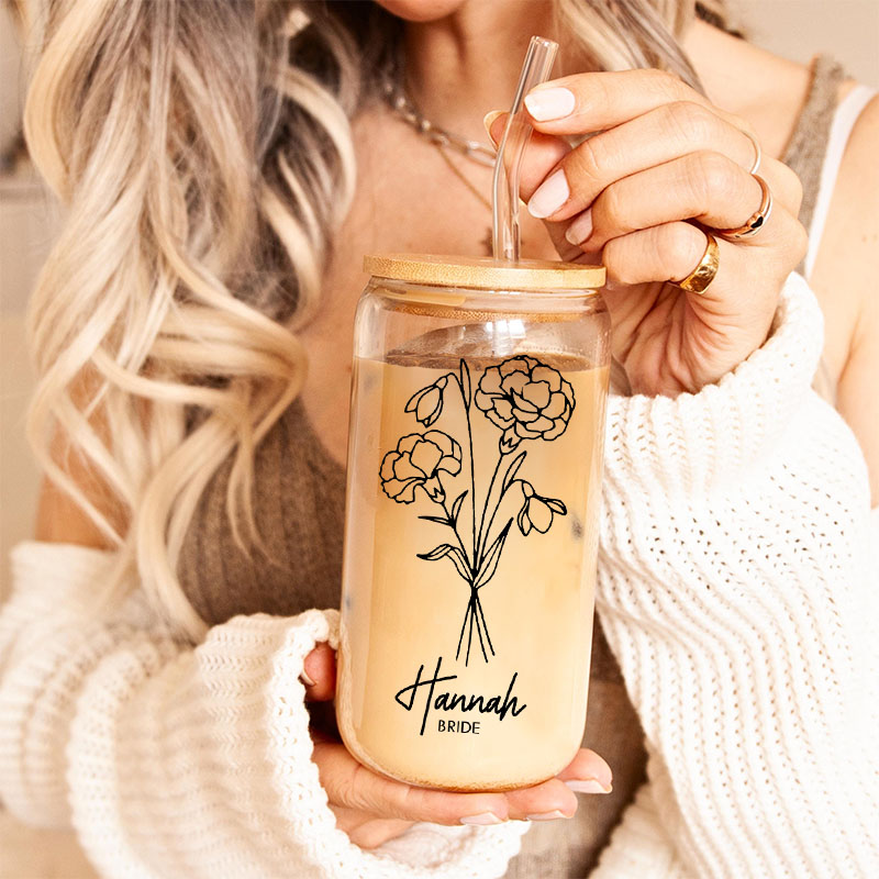 Personalized Stylish Bridesmaid Birth Flower Can Glasses with Lid and Straw Custom Bride Month Flower Coffee Cup Bridal Shower Bachelorette Party Gift