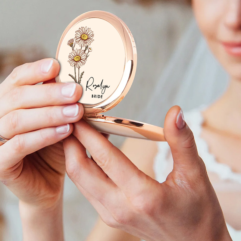 Personalized Bridesmaid Elegant Birth Flower Mirror Custom Bride Moth Flower Compact Mirror Maid of Honor Bachelorette Party Mirror Bridal Shower Gift