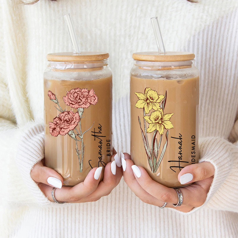 Personalized Bridesmaid Birth Flower Can Glasses with Lid and Straw Custom Bride Name Month Flower Coffee Cup Bachelorette Party Bridal Shower Gift