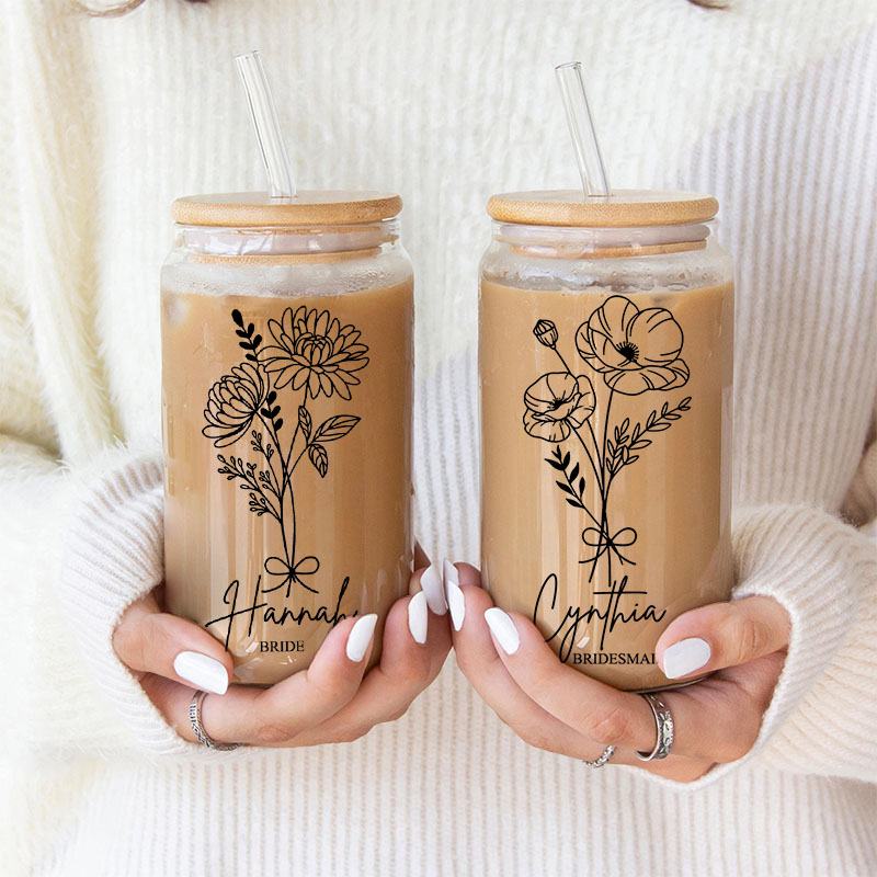 Personalized Bridesmaid Birth Flower Can Glasses with Lid and Straw Custom Bride Name Coffee Cup Bridal Shower Coffee Glasses Bachelorette Party Gift