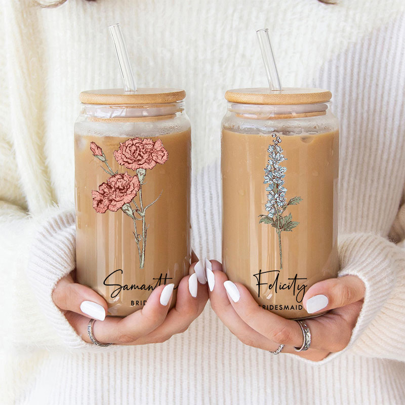 Personalized Elegant Bridesmaid Birth Flower Can Glasses with Lid and Straw Custom Bride Month Flower Coffee Cup Bridal Shower Bachelorette Party Gift
