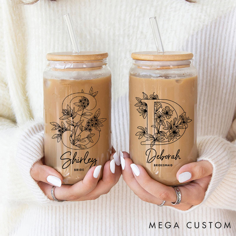 Personalized Bridesmaid Floral Initials Can Glasses with Lid and Straw Custom Bride Name Coffee Cup Bridal Shower Coffee Cup Bachelorette Party Gift