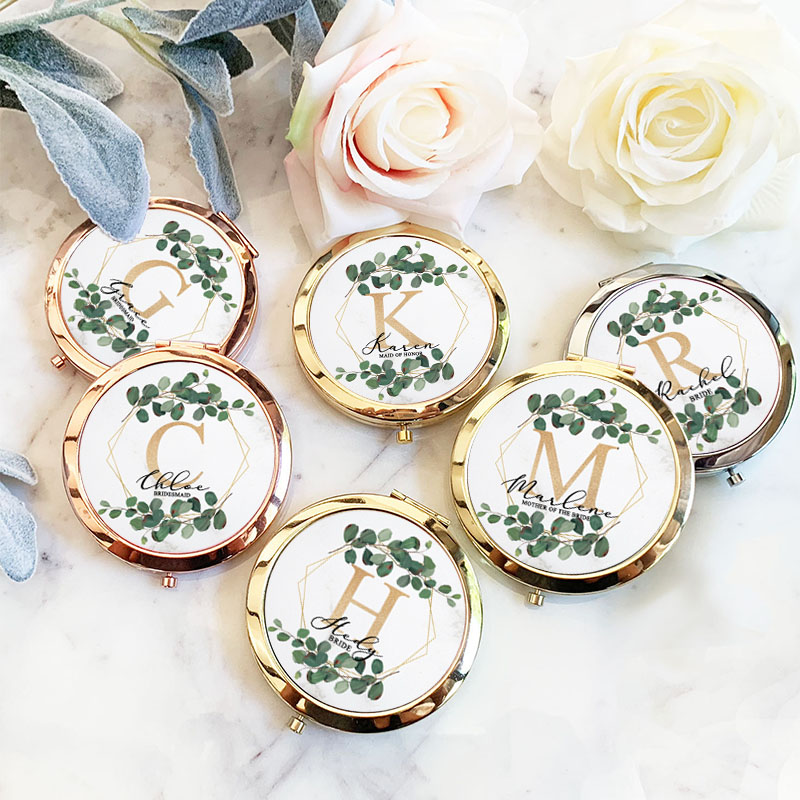 Personalized Bridesmaid Leaf Hexagon Wreath Mirror Custom Bride Name Compact Mirror Bachelorette Party Mirror Bridesmaid Proposal Bridal Shower Gift