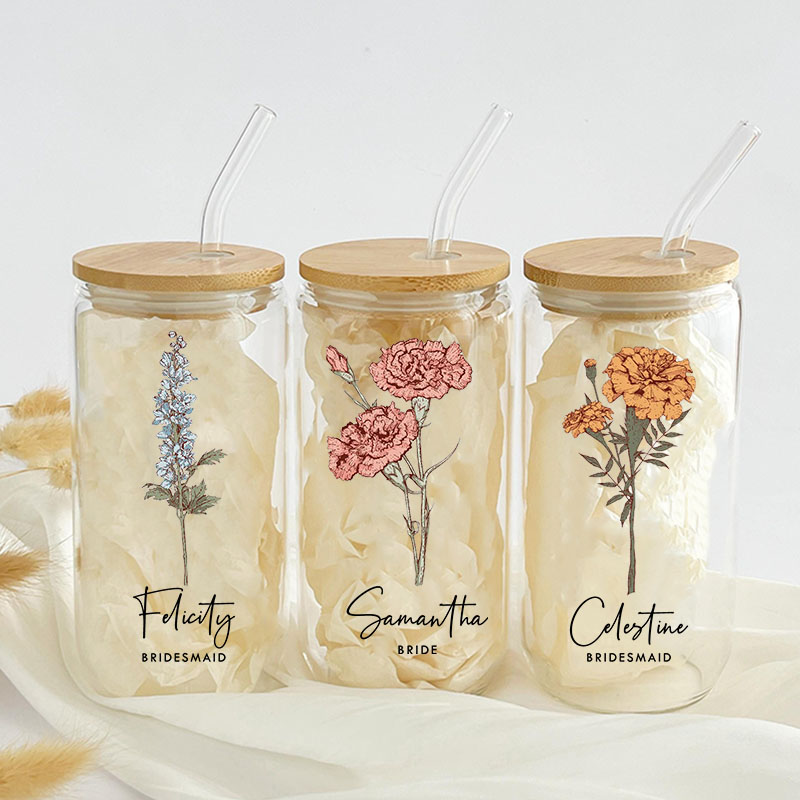 Personalized Elegant Bridesmaid Birth Flower Can Glasses with Lid and Straw Custom Bride Month Flower Coffee Cup Bridal Shower Bachelorette Party Gift