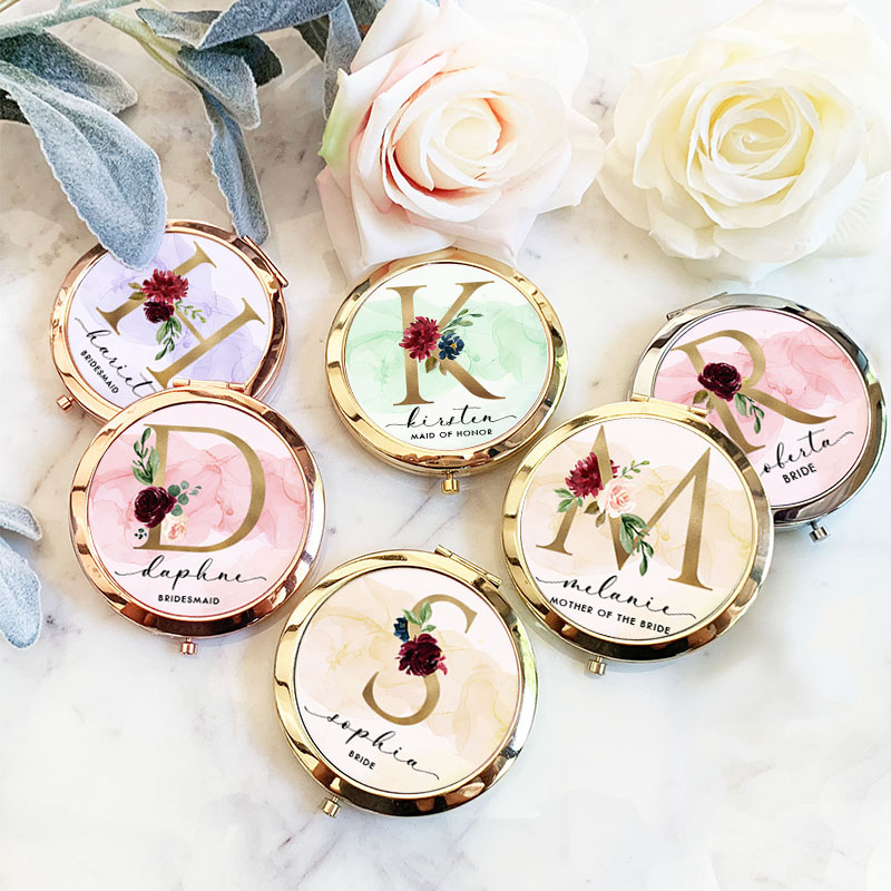 Personalized Bridesmaid Floral Initials Mirror Custom Bride Name Compact Mirror Bachelorette Party Mirror Bridesmaid Proposal Bridal Shower Gift