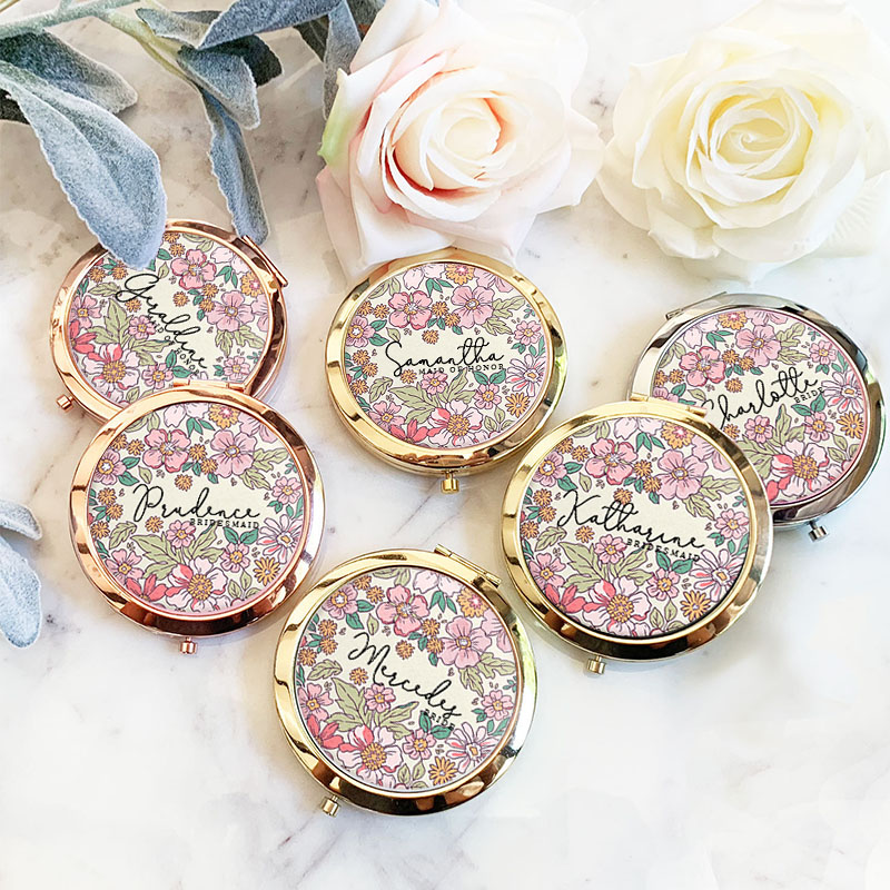 Personalized Stunning Bridesmaid Floral Mirror Custom Bride Name Compact Mirror Bachelorette Party Mirror Bridesmaid Proposal Bridal Shower Gift