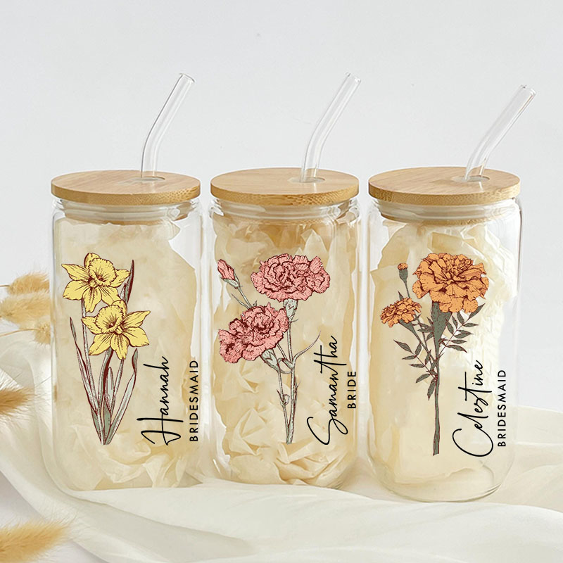 Personalized Bridesmaid Birth Flower Can Glasses with Lid and Straw Custom Bride Name Month Flower Coffee Cup Bachelorette Party Bridal Shower Gift