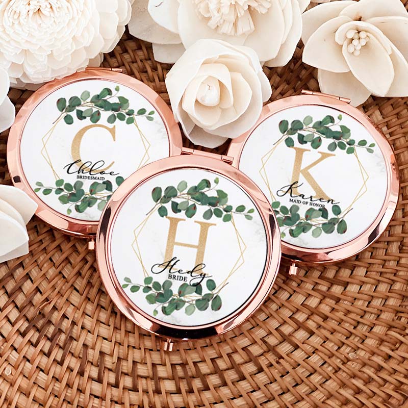 Personalized Bridesmaid Leaf Hexagon Wreath Mirror Custom Bride Name Compact Mirror Bachelorette Party Mirror Bridesmaid Proposal Bridal Shower Gift