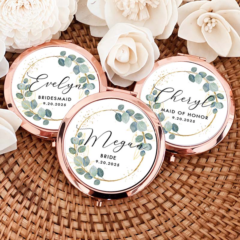 Personalized Bridesmaid Greenery Gold Eucalyptus Wreath Mirror Custom Bride Name Compact Mirror Bachelorette Party Mirror Bridal Shower Gift for Her