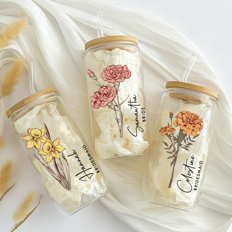 Personalized Bridesmaid Birth Flower Can Glasses with Lid and Straw Custom Bride Name Month Flower Coffee Cup Bachelorette Party Bridal Shower Gift