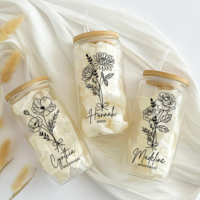 Personalized Bridesmaid Birth Flower Can Glasses with Lid and Straw Custom Bride Name Coffee Cup Bridal Shower Coffee Glasses Bachelorette Party Gift