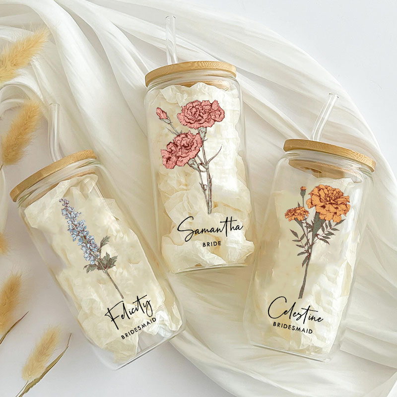 Personalized Elegant Bridesmaid Birth Flower Can Glasses with Lid and Straw Custom Bride Month Flower Coffee Cup Bridal Shower Bachelorette Party Gift