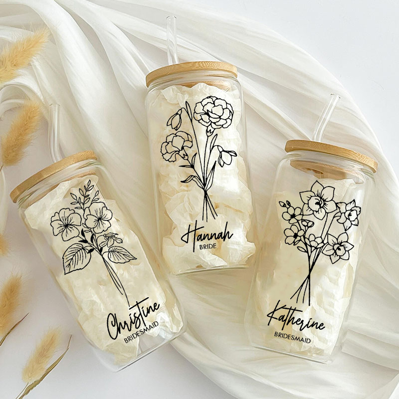 Personalized Stylish Bridesmaid Birth Flower Can Glasses with Lid and Straw Custom Bride Month Flower Coffee Cup Bridal Shower Bachelorette Party Gift