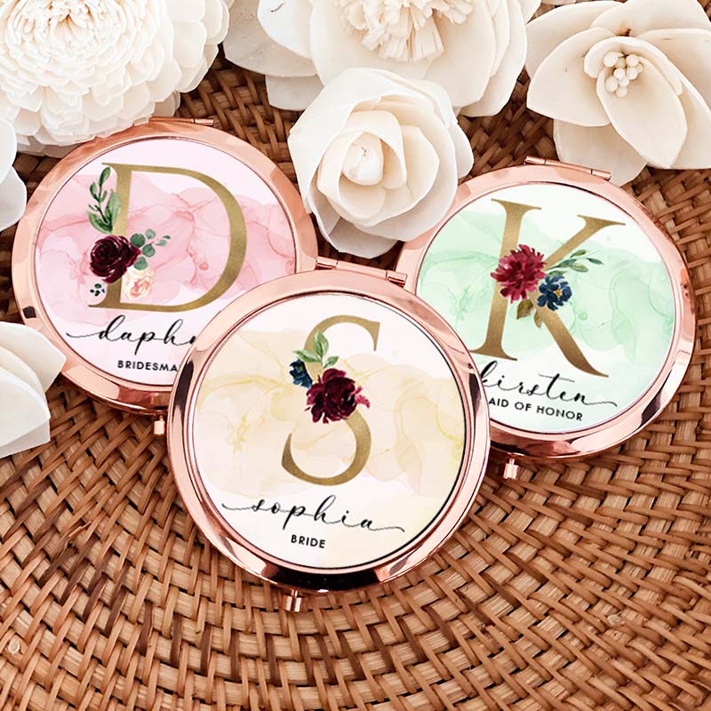 Personalized Bridesmaid Floral Initials Mirror Custom Bride Name Compact Mirror Bachelorette Party Mirror Bridesmaid Proposal Bridal Shower Gift