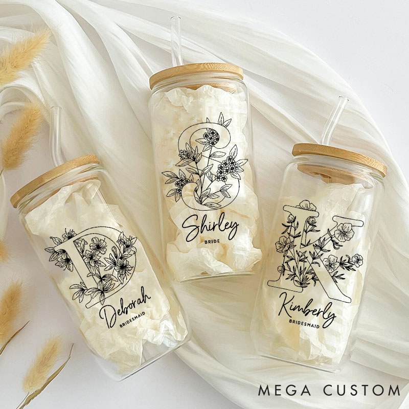 Personalized Bridesmaid Floral Initials Can Glasses with Lid and Straw Custom Bride Name Coffee Cup Bridal Shower Coffee Cup Bachelorette Party Gift