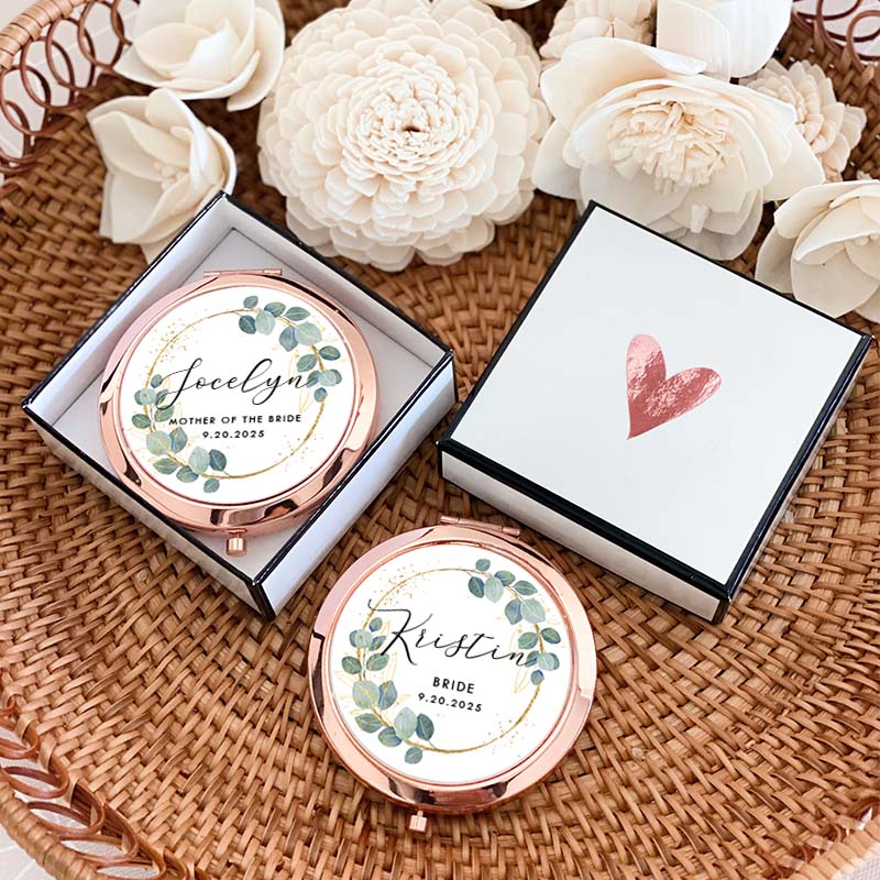 Personalized Bridesmaid Greenery Gold Eucalyptus Wreath Mirror Custom Bride Name Compact Mirror Bachelorette Party Mirror Bridal Shower Gift for Her