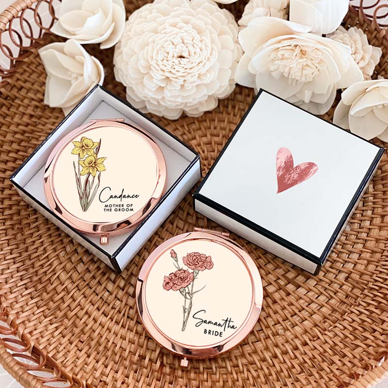 Personalized Bridesmaid Elegant Birth Flower Mirror Custom Bride Moth Flower Compact Mirror Maid of Honor Bachelorette Party Mirror Bridal Shower Gift
