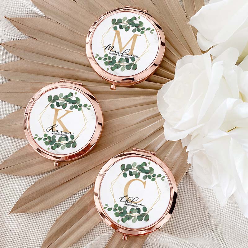 Personalized Bridesmaid Leaf Hexagon Wreath Mirror Custom Bride Name Compact Mirror Bachelorette Party Mirror Bridesmaid Proposal Bridal Shower Gift