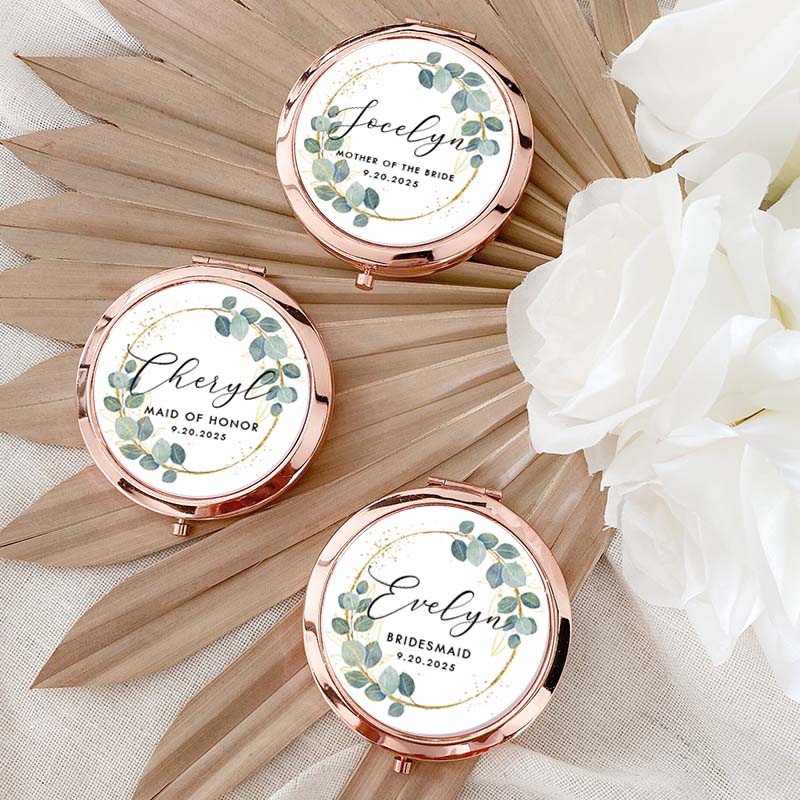 Personalized Bridesmaid Greenery Gold Eucalyptus Wreath Mirror Custom Bride Name Compact Mirror Bachelorette Party Mirror Bridal Shower Gift for Her