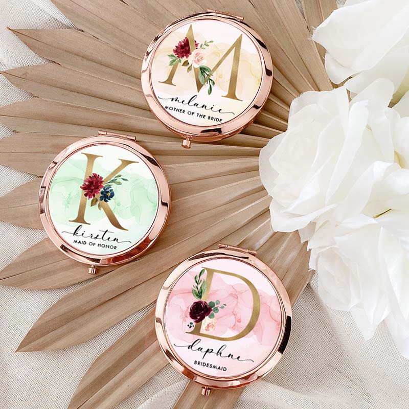 Personalized Bridesmaid Floral Initials Mirror Custom Bride Name Compact Mirror Bachelorette Party Mirror Bridesmaid Proposal Bridal Shower Gift