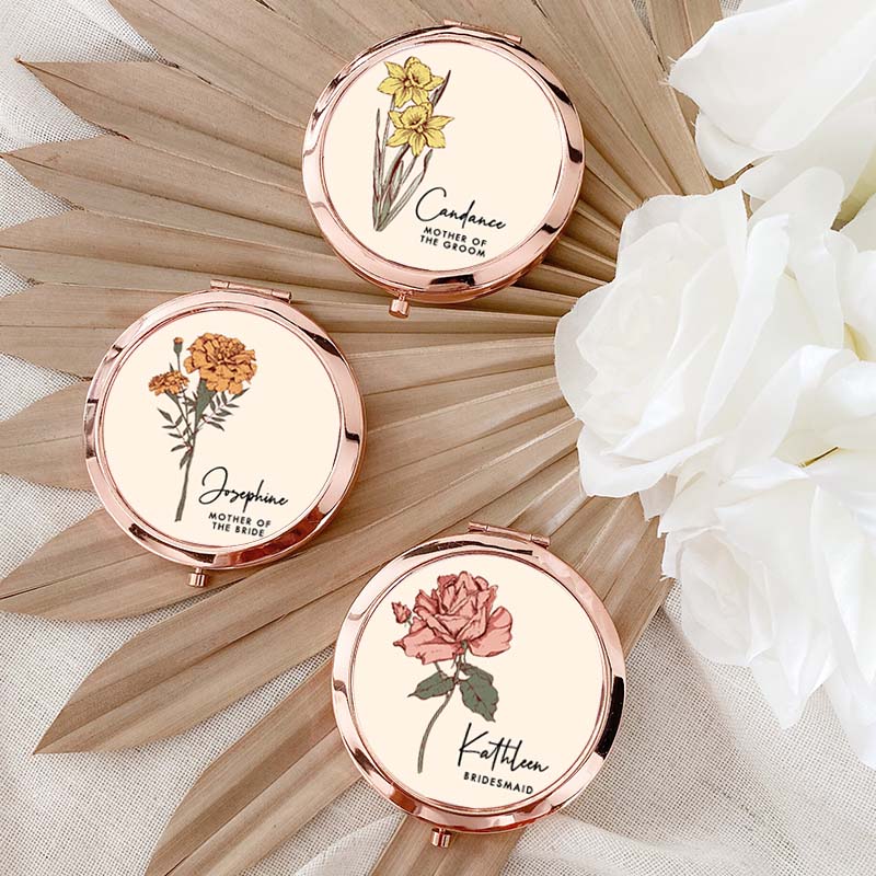 Personalized Bridesmaid Elegant Birth Flower Mirror Custom Bride Moth Flower Compact Mirror Maid of Honor Bachelorette Party Mirror Bridal Shower Gift