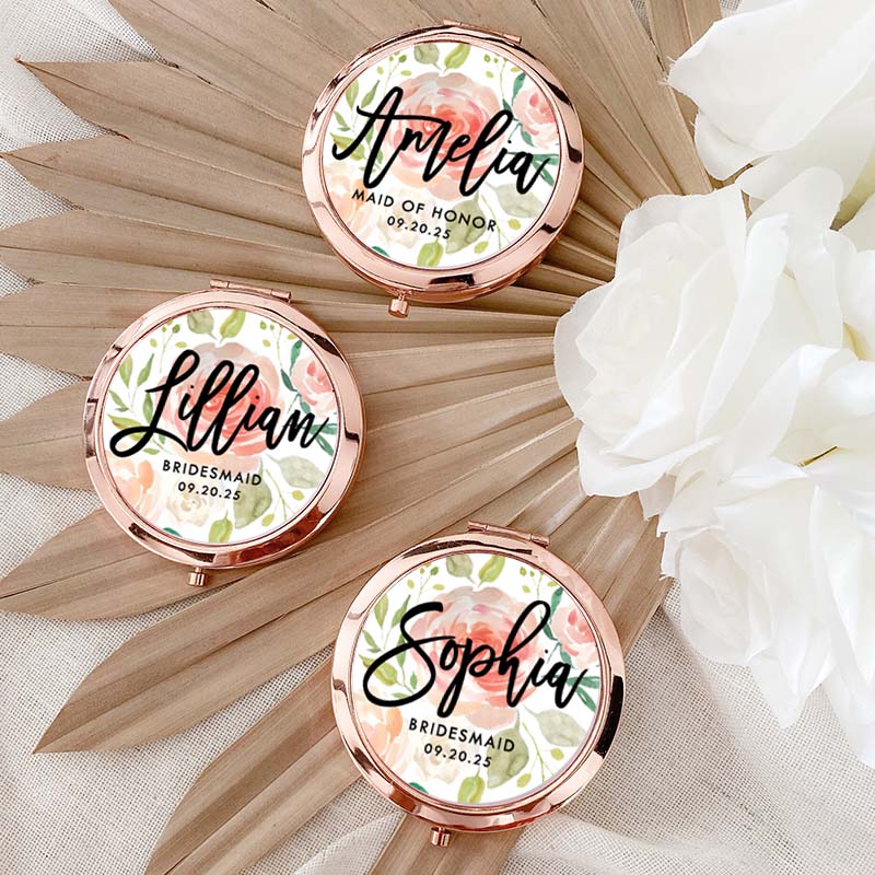 Personalized Bridesmaid Floral Mirror with Name Custom Bride Name Compact Mirror Bachelorette Party Mirror Bridesmaid Proposal Bridal Shower Gift