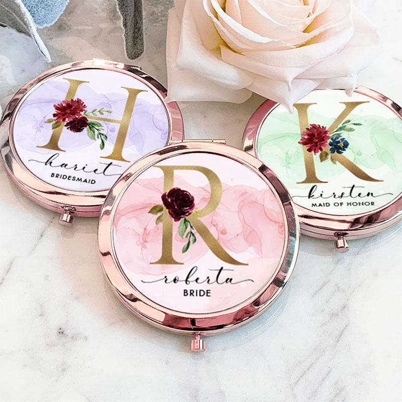 Personalized Bridesmaid Floral Initials Mirror Custom Bride Name Compact Mirror Bachelorette Party Mirror Bridesmaid Proposal Bridal Shower Gift