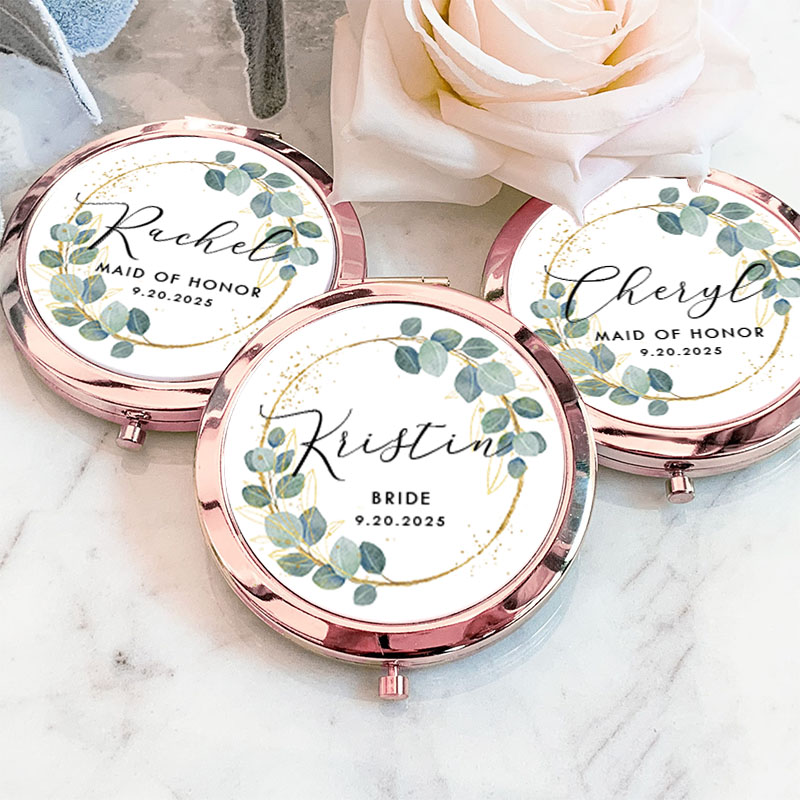 Personalized Bridesmaid Greenery Gold Eucalyptus Wreath Mirror Custom Bride Name Compact Mirror Bachelorette Party Mirror Bridal Shower Gift for Her