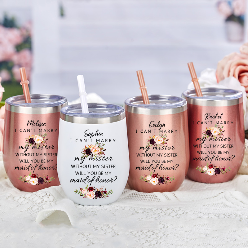 Personalized Bridesmaid Will You be My Maid of Honor Wine Tumbler Custom Bride Floral Wine Tumbler Bachelorette Party Favor Bridal Shower Gift for Her