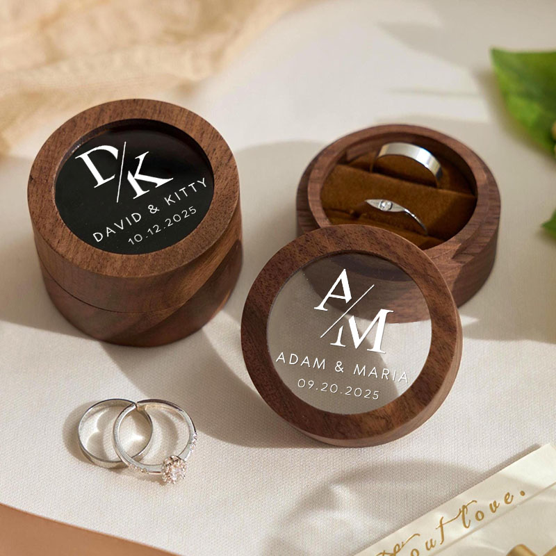 Personalized Couple Sleek Initials Wedding Wooden Ring Box Custom Newlyweds Name Ring Box with Acrylic Cover Engagement Ring Box Husband Wife Gift