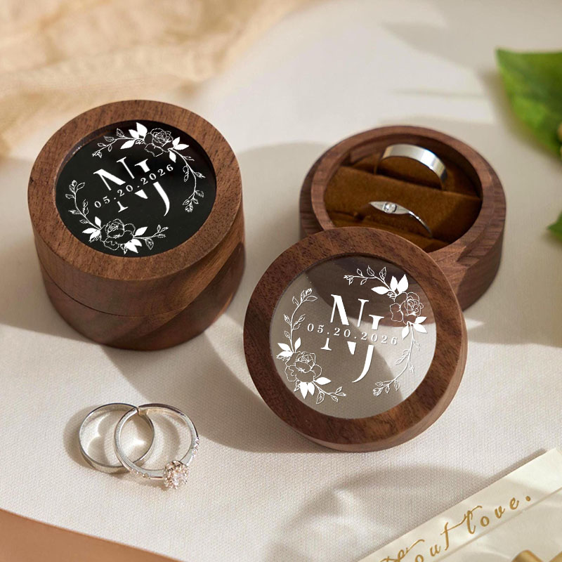 Personalized Couple Wedding Birth Floral Wreath Wood Ring Box Newlyweds Initial Ring Box with Acrylic Cover Engaged Date Ring Holder Husband Wife Gift