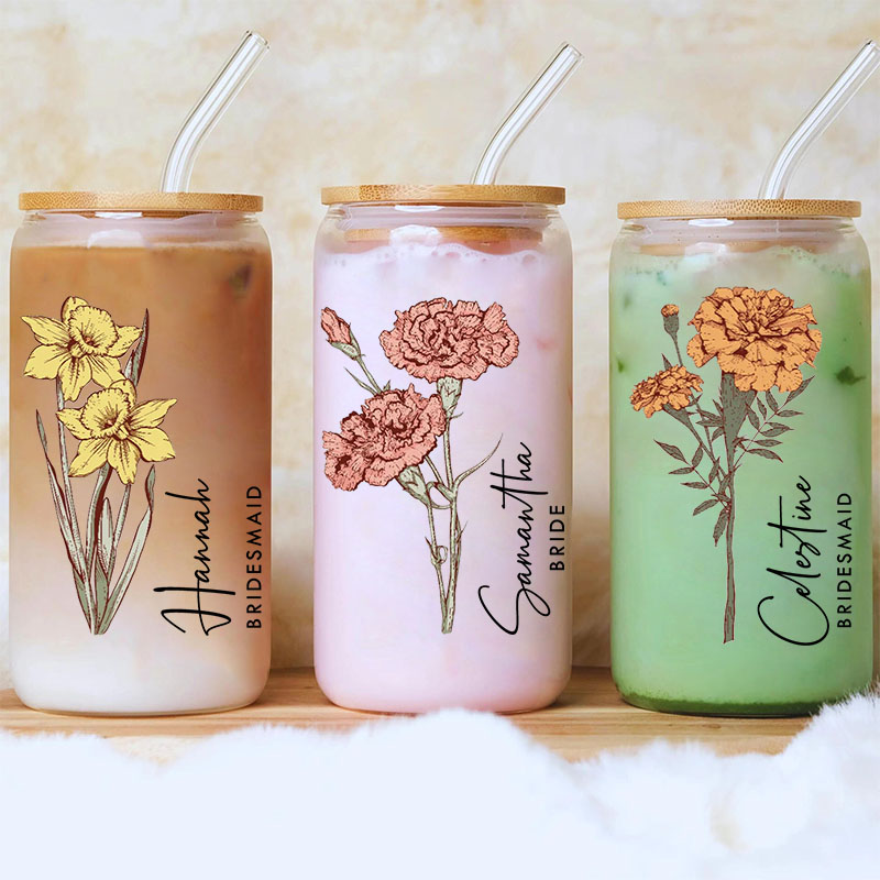 Personalized Bridesmaid Birth Flower Can Glasses with Lid and Straw Custom Bride Name Month Flower Coffee Cup Bachelorette Party Bridal Shower Gift