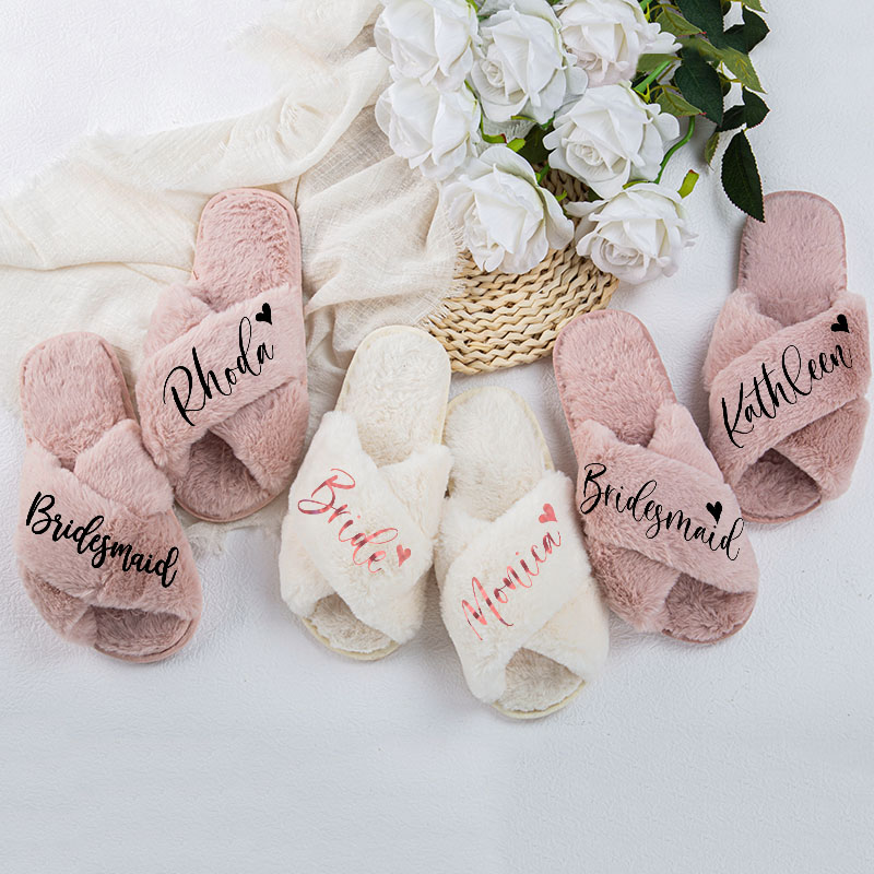 Personalized Bridesmaid Fluffy Slippers Custom Bride Name and Heart Slipper Maid of Honor Slippers Bridal Shower Gift Bachelorette Party Gift for Her
