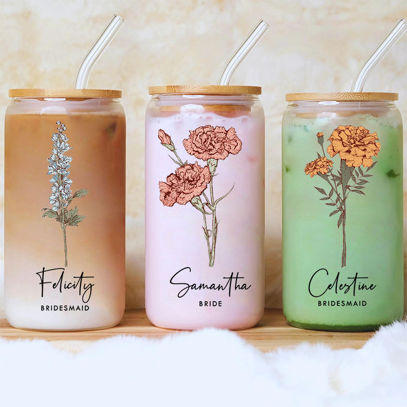 Personalized Elegant Bridesmaid Birth Flower Can Glasses with Lid and Straw Custom Bride Month Flower Coffee Cup Bridal Shower Bachelorette Party Gift