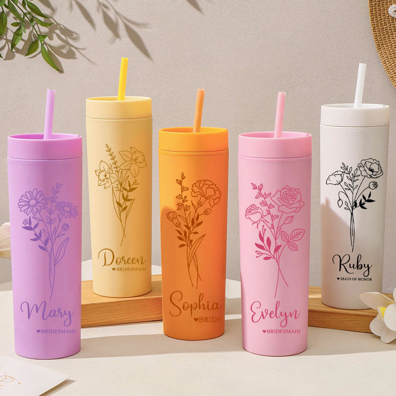 Personalized Bridesmaid Birth Flower 16oz Skinny Tumbler Custom Bride Month Flower Wedding Tumbler Maid of Honor Bachelorette Party Bridal Shower Gift