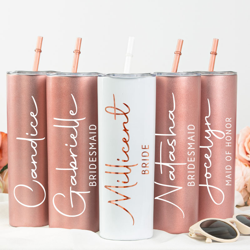 Personalized Bridesmaid 20oz Skinny Tumbler with Lid and Straw Wedding Bride Name with Heart Tumbler Maid of Honor Bachelorette Party Gift for Her