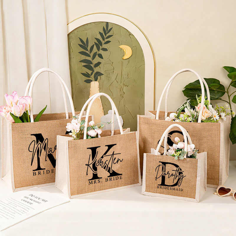 Personalized Bridesmaid Burlap Tote Bag Custom Bride Initials Tote Bag with White Side Wedding Jute Beach Bag Bridal Shower Bachelorette Party Gift