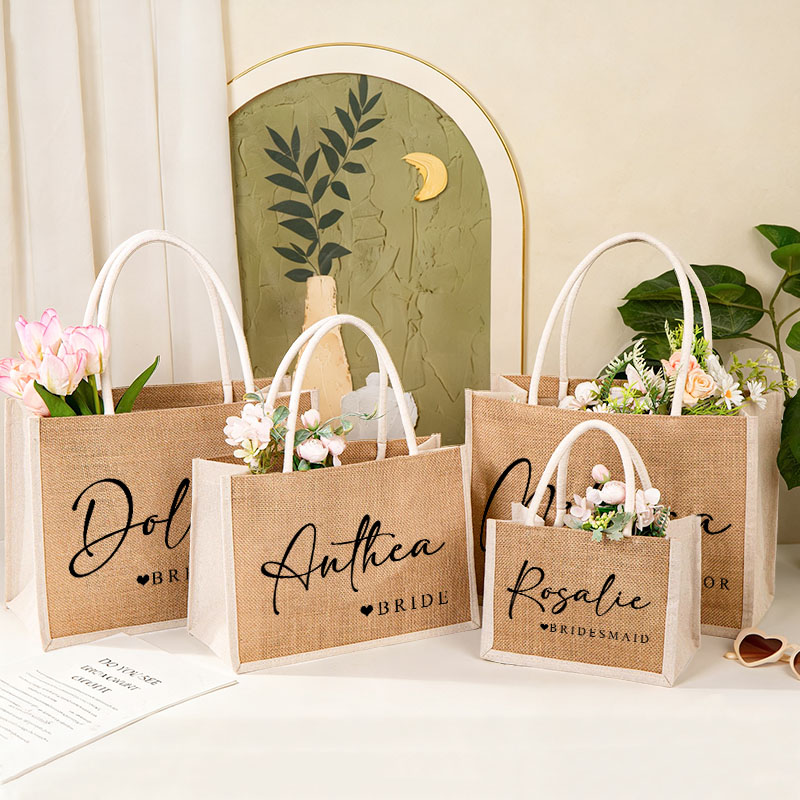 Personalized Bridesmaid Burlap Tote Bag with White Side Bride Title with heart Tote Bag Wedding Jute Beach Bag Bridal Shower Bachelorette Party Gift