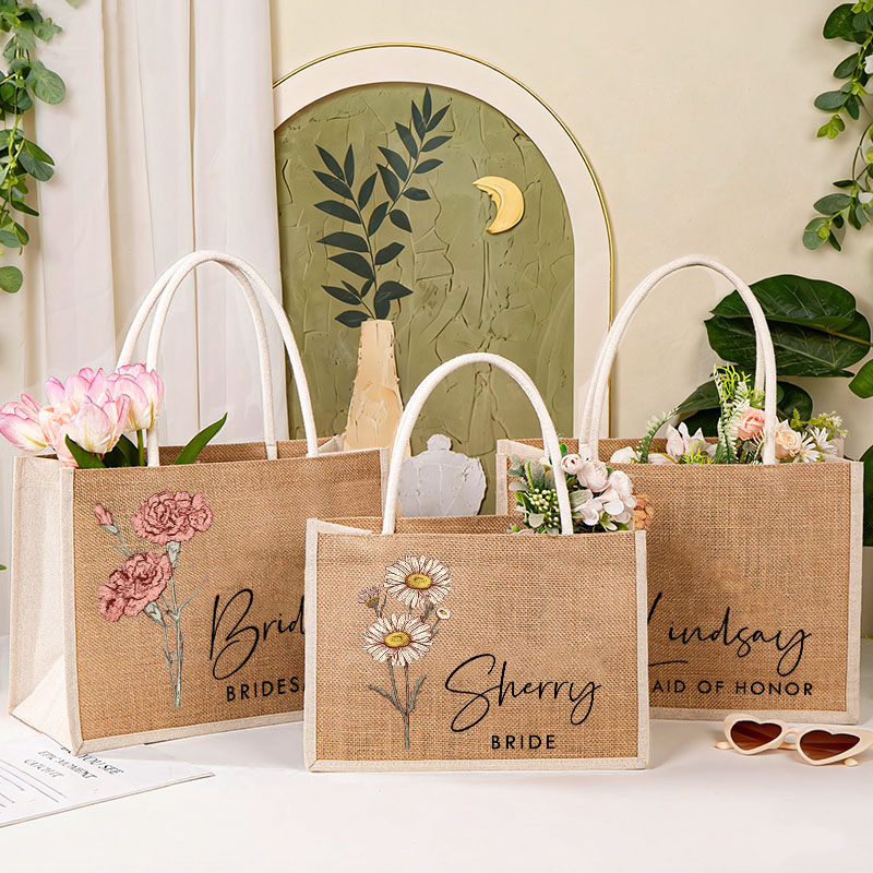 Personalized Bridesmaid Birth Flower Burlap Tote Bag Custom Bride Month Flower Tote Bag Wedding Jute Beach Bag Bachelorette Party Bridal Shower Gift