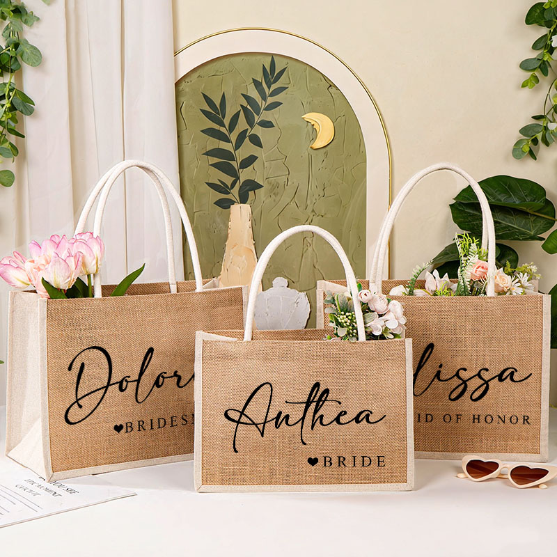 Personalized Bridesmaid Burlap Tote Bag with White Side Bride Title with heart Tote Bag Wedding Jute Beach Bag Bridal Shower Bachelorette Party Gift