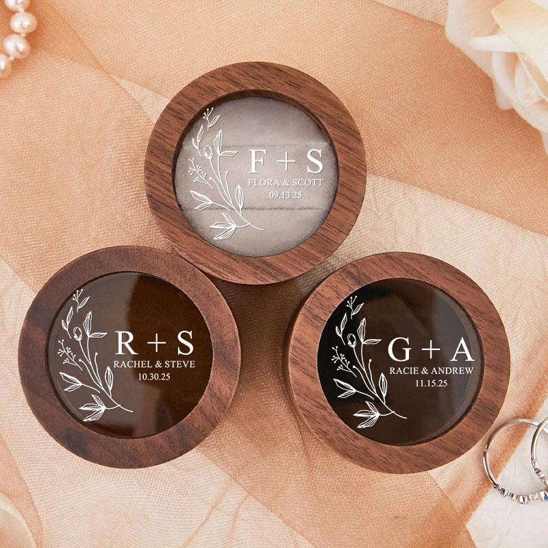 Personalized Couple Wedding Floral Leaf Wooden Ring Box Newlyweds Initials Name Round Ring Box with Acrylic Cover Husband Wife Engagement Ring Box