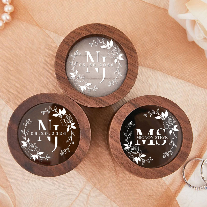 Personalized Couple Wedding Birth Floral Wreath Wood Ring Box Newlyweds Initial Ring Box with Acrylic Cover Engaged Date Ring Holder Husband Wife Gift
