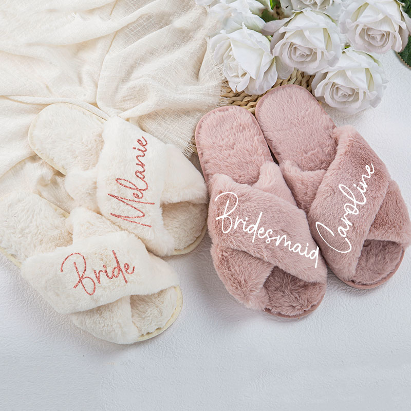 Personalized Bridesmaid Fluffy Slippers Custom Bride Name Fluffy Slipper Maid of Honor Slippers Bridal Shower Gift for Her Bachelorette Party Gift