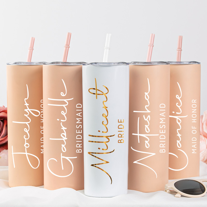 Personalized Bridesmaid 20oz Skinny Tumbler with Lid and Straw Wedding Bride Name with Heart Tumbler Maid of Honor Bachelorette Party Gift for Her