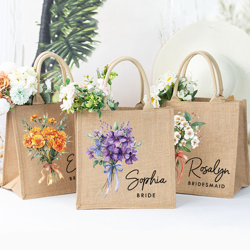Personalized Bridesmaid Elegant Birth Flower Burlap Tote Bag Bride Month Flower Wedding Beach Jute Tote Bag Bachelorette Party Bridal Shower Gift